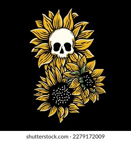 hand drawn skull with sunflower illustration