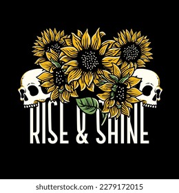 hand drawn skull with sunflower illustration