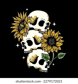 hand drawn skull with sunflower illustration