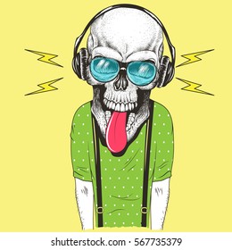 Hand drawn skull in sunglasses listening to music in headphones. T-shirt design. Vector illustration