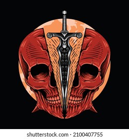 hand drawn skull with sword