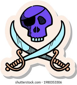 Hand drawn skull and swords icon in sticker style vector illustration