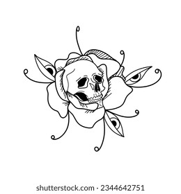 Hand drawn Skull for Tattoo,Poster,Print, And Other Creative Uses.Cool Skeleton Sketch.Skeleton Head with Eyes and Rose.Vector Illustration .Vector design. Stylized Tattoo idea