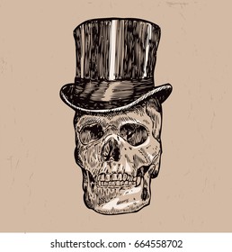 Hand drawn skull with top hat, vector