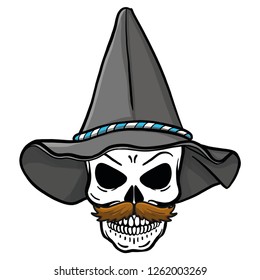 hand drawn skull with traditional hat. Vector, bavaria, beard, mexico, wings, isolated, horror.