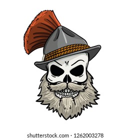 hand drawn skull with traditional hat. Vector, bavaria, beard, mexico, wings, isolated, horror.