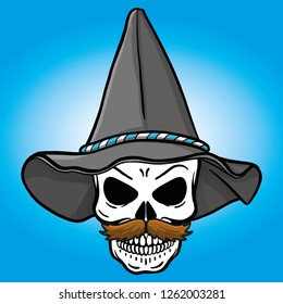 hand drawn skull with traditional hat. Vector, bavaria, beard, mexico, wings, isolated, horror.