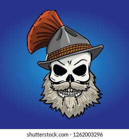 hand drawn skull with traditional hat. Vector, bavaria, beard, mexico, wings, isolated, horror.