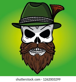 hand drawn skull with traditional hat. Vector, bavaria, beard, mexico, wings, isolated, horror.