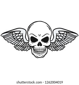 hand drawn skull with traditional hat. Vector, bavaria, beard, mexico, wings, isolated, horror.