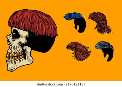 hand drawn skull with various hair vector illustration set