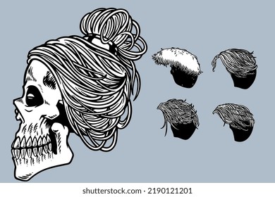 hand drawn skull with various hair vector illustration set monochrome style