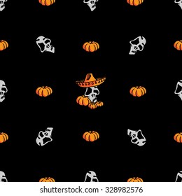 Hand drawn skull vector pattern on black background.