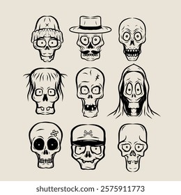 Hand drawn skull vector set featuring unique and quirky styles. Perfect for t-shirt designs, stickers, posters, and Halloween themes