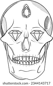 Hand drawn skull vector with sparkling diamonds and ruby.Simple sketch vintage line art human face anatomy for art ,abstract ,poster, graphic tshirt ,tattoo, creative clipart ,icon