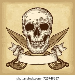 Hand drawn skull with vintage pirate sabers and ribbon banner on old craft paper texture background. Template for your design works.  Engraving style vector illustration.