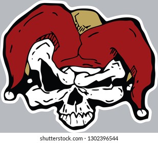 Hand drawn skull w 2 color jester hat