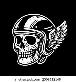 Hand drawn Skull wear helmet with wings illustration