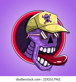 Hand drawn skull wearing hat with tongue out in graffiti style