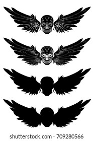 Hand drawn Skull with wing vector set.silhouette skull with wing isolate on white background.