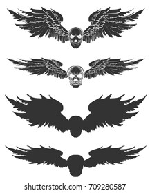 Hand drawn Skull with wing vector set.silhouette skull with wing isolate on white background.