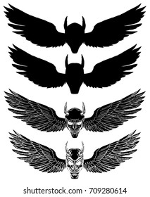 Hand drawn Skull with wing vector set.silhouette skull with wing isolate on white background.