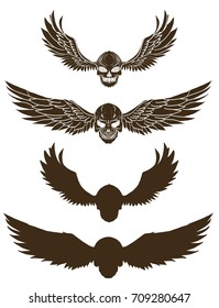 Hand drawn Skull with wing vector set.silhouette skull with wing isolate on white background.