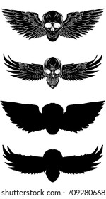 Hand drawn Skull with wing vector set.silhouette skull with wing isolate on white background.