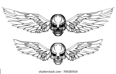 Hand drawn Skull with wing vector set.Sticker skull tattoo.Doodle and sketch style Skull with wing tattoo.