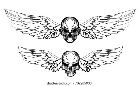 Hand drawn Skull with wing vector set.Sticker skull tattoo.Doodle and sketch style Skull with wing tattoo.