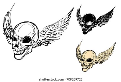Hand drawn Skull with wing vector set.Sticker skull tattoo.Doodle and sketch style Skull with wing tattoo.