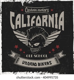 Hand drawn skull with wings, with phrase "Undead bikers", dusty background