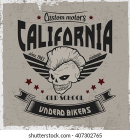 Hand drawn skull with wings, with phrase "Undead bikers", dusty background