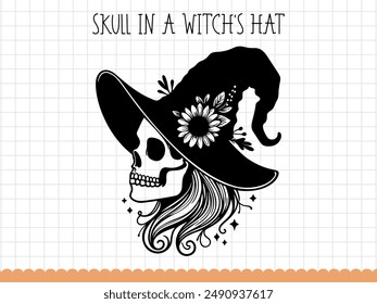 Hand drawn skull in witches hat, Halloween vector illustartion.