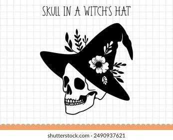 Hand drawn skull in witches hat, Halloween vector illustartion.