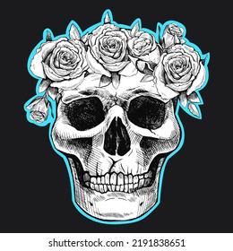 Hand drawn skull in a wreath of flowers. Vector graphic sticker illustration.