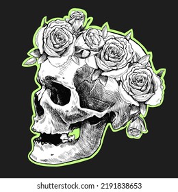 Hand drawn skull in a wreath of flowers. Vector graphic sticker illustration.