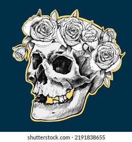 Hand drawn skull in a wreath of flowers. Vector graphic sticker illustration.