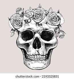 Hand drawn skull in a wreath of flowers. Vector graphic illustration. The day of the Dead.