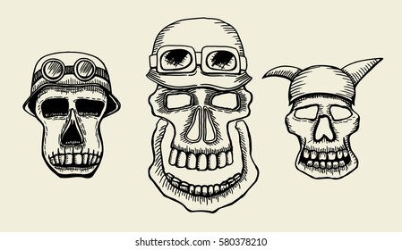 Hand drawn skulls. Blackicons on beuge background. Vector Illustrations set