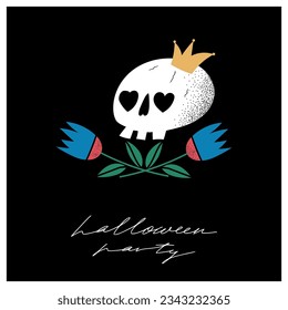 Hand drawn Skulls with blue flowers and lettering Halloween party. Trendy isolated colorful Vector illustration. Cartoon, vintage style. Poster, tattoo idea, t-shirt print, sticker.