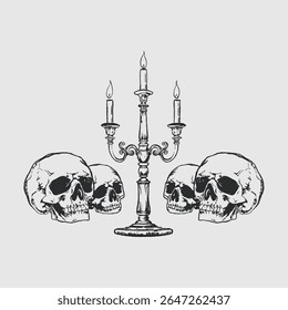 Caveiras desenhadas à mão e suporte de vela para criar projetos góticos. Ilustração vintage para cartazes, tatuagens, arte oculta, convites de Halloween ou desenhos estéticos escuros.