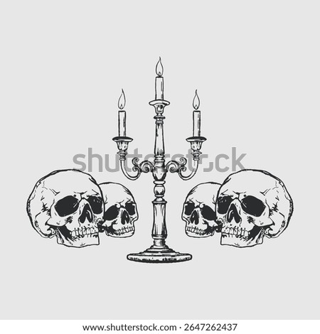 Hand drawn skulls and candle holder for creating gothic designs. Vintage illustration for posters, tattoos, occult art, Halloween invitations or dark aesthetic designs.