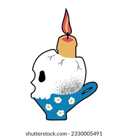Hand drawn Skulls with candle. Trendy isolated colorful Vector illustration. Cartoon, vintage style. Poster, tattoo idea, t-shirt print, sticker, logo design template, textile. EPS 10