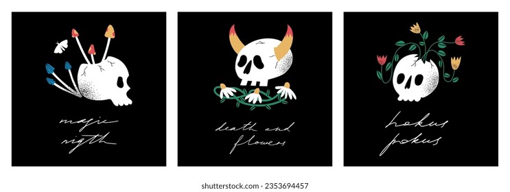 Hand drawn Skulls with flowers, horns. Trendy isolated colorful collection. Cartoon, vintage style. Skull floral print for poster, tattoo idea, t-shirt print, sticker, logo design template, textile.