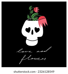 Hand drawn Skulls with flowers and lettering. Trendy isolated colorful Vector illustration. Cartoon, vintage style. Poster, tattoo idea, t-shirt print, sticker, logo design template, textile.