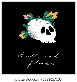 Hand drawn Skulls with flowers and lettering. Trendy isolated colorful Vector illustration. Cartoon, vintage style. Poster, tattoo idea, t-shirt print, sticker, logo design template, textile.