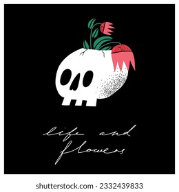 Hand drawn Skulls with flowers and lettering. Trendy isolated colorful Vector illustration. Cartoon, vintage style. Poster, tattoo idea, t-shirt print, sticker, logo design template, textile.