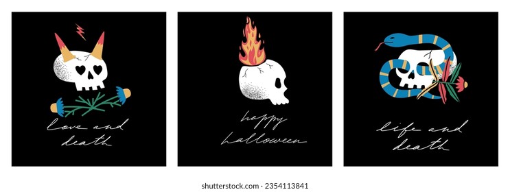 Hand drawn Skulls with flowers, snake. Trendy isolated colorful collection. Cartoon, vintage style. Skull floral print for poster, tattoo idea, t-shirt print, sticker, logo design template, textile.