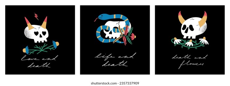 Hand drawn Skulls with flowers, snake. Trendy isolated colorful collection. Cartoon, vintage style. Skull floral print for poster, tattoo idea, t-shirt print, sticker, logo design template, textile.